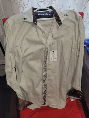 Men's Long-Sleeve Dress Shirt - Light Beige with Contrast Trim